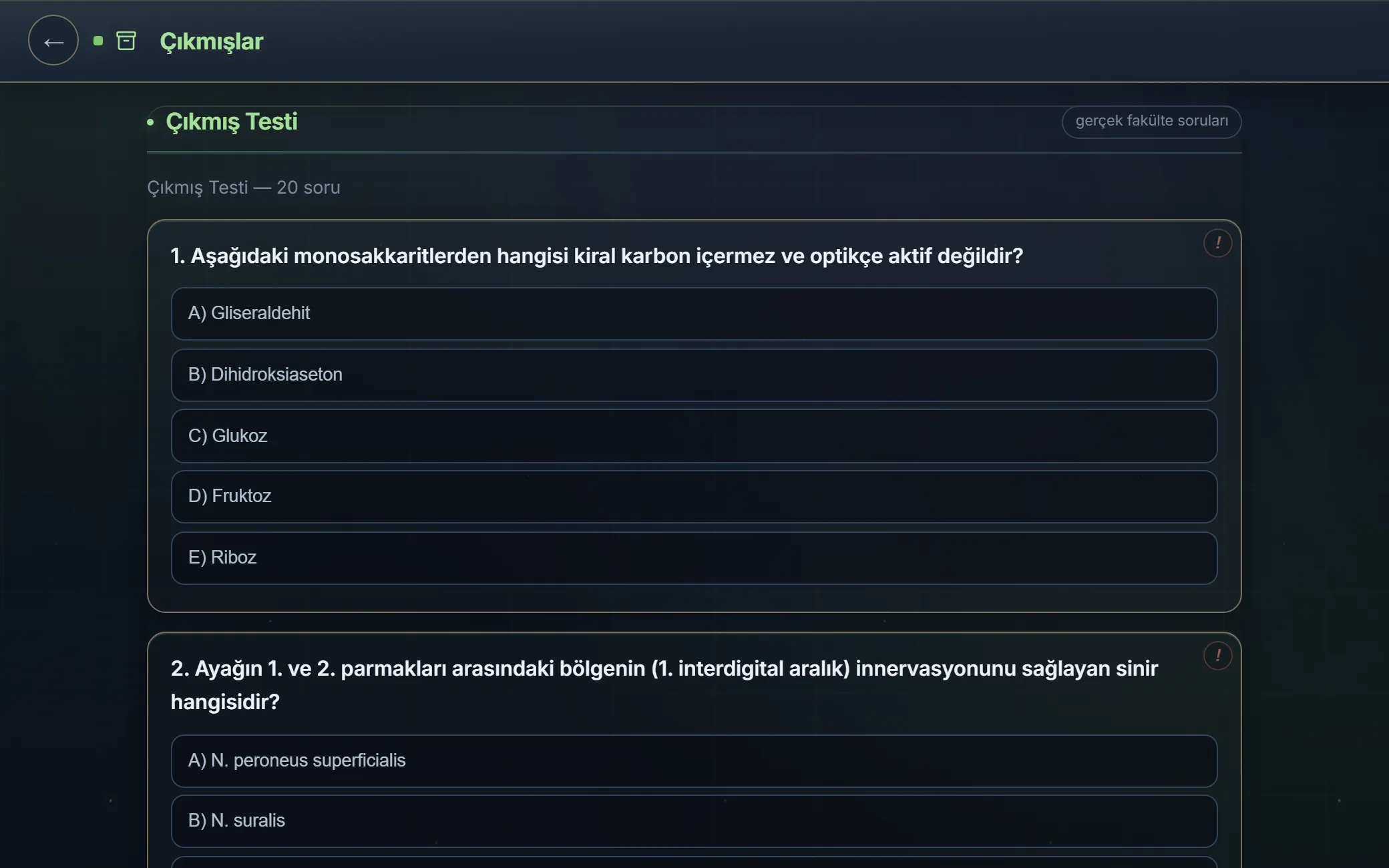 Test ekranı — çoktan seçmeli sorular ve şıklar
